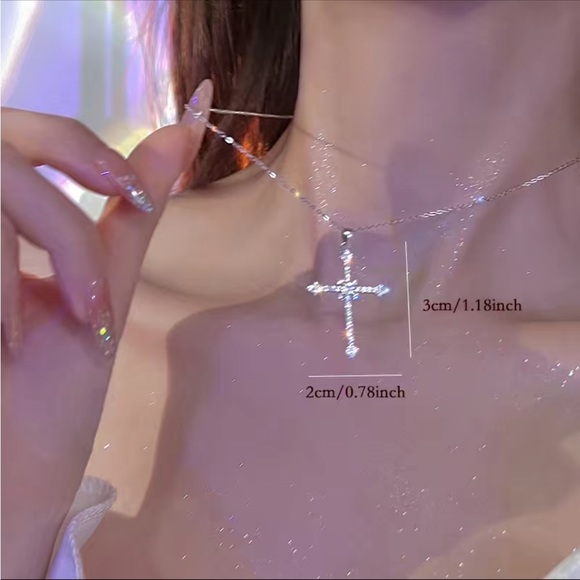 Silver Trendy Cross Pendant Necklace with Rhinestones - Picture 6 of 6